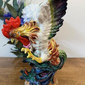 Vintage Spanish Ceramic Chicken Figurine‎ Colourful Hand Painted Farmhouse Decor